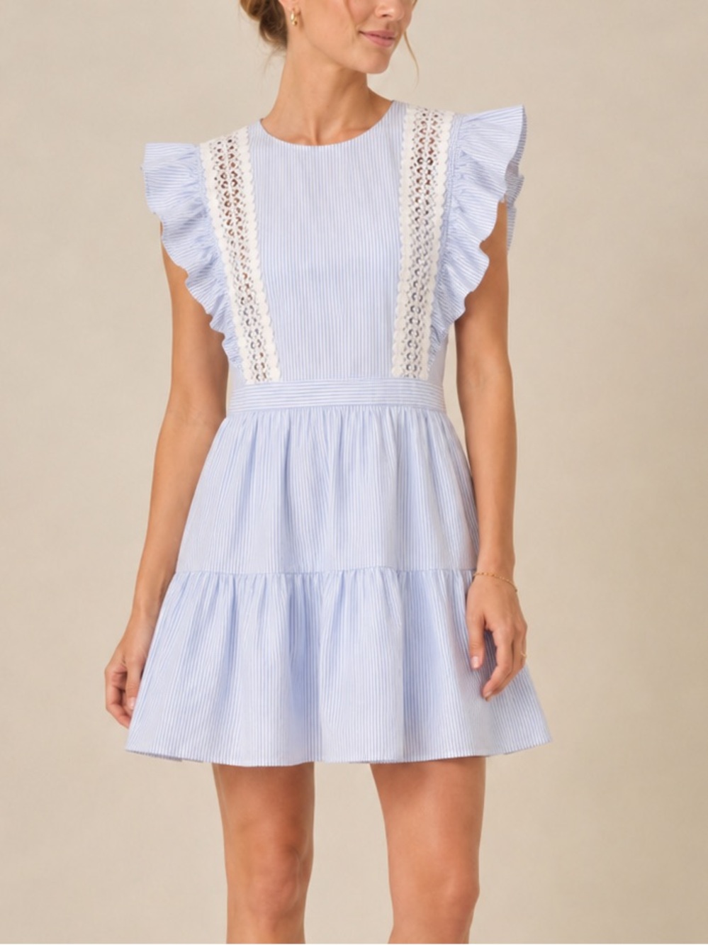 English Factory Blue White Striped Lace Trim Flutter Sleeve Mini Dress - Medium